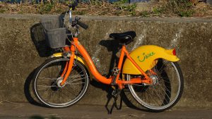 Taipei public bicycle U-BIKE parked in Lane 180 Binjiang Street